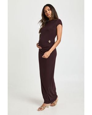 Boohoo Maternity Ruched Waist Trim Detail Cap Sleeve Maxi Dress - Brown