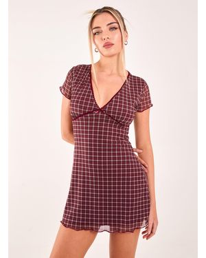 Pink Vanilla Check Cap Sleeve Mini Dress - Red