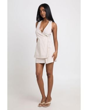 Boohoo Stripe Linen Look Wrap Waistcoat And Mini Skirt Co-Ord - White