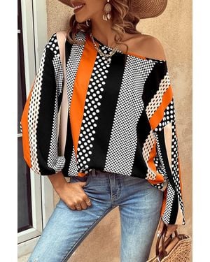 Everyday the Label Polka Dot Vertical Striped Printed Puff Sleeve Blouse - Orange