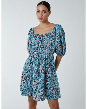 Blue Vanilla Square Neck Puff Sleeve Mini Dress - Blue