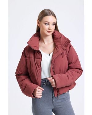 Hiccup Stand Collar Zipper Puffer Jacket - Red
