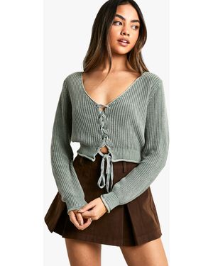 Boohoo Acid Wash Lace Up Crop Cardigan - Grey