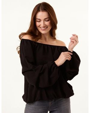 Blue Vanilla Bardot Elasticated Rouched Sleeve Top - Black