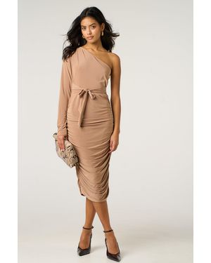 Femme Luxe One Shoulder Ruched Slinky Midi Dress - Natural