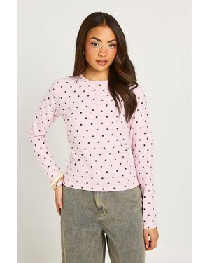Boohoo Polka Dot Long Sleeve Henley Top - Red
