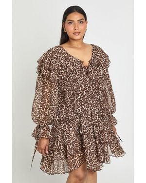 Boohoo Plus Floral Chiffon Ruffle Mini Dress - Brown