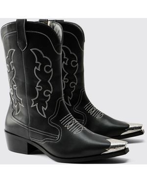 BoohooMAN Embellished Cowboy Boot With Toe Cap - Black