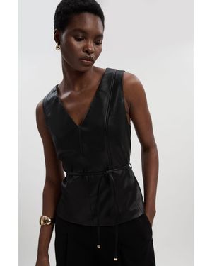 Karen Millen Faux Leather Tie Waist Tailored Top - Black