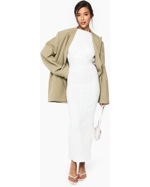 Boohoo Textured Rib Slash Neck Ruched Midaxi Dress - White