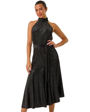 Roman Velvet Halter Neck Ruffle Hem Midi Dress - Black