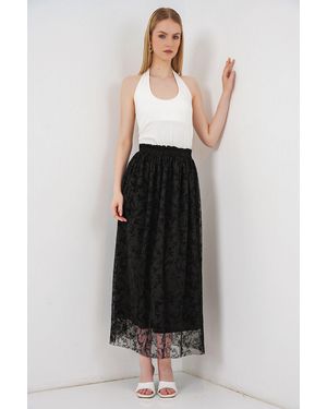 Bigdart Floral High Waist Maxi A-Line Skirt - Black