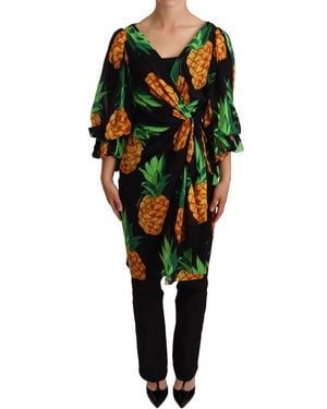 Dolce & Gabbana Ananas Print Wrap Stretch Silk Dress - Green