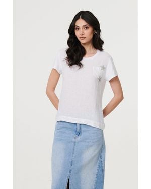 Izabel London Metallic Star Detail Relaxed T-Shirt Cotton - Blue