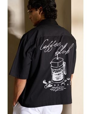 BoohooMAN Oversized Half Sleeve Coffee Club Shirt - Black