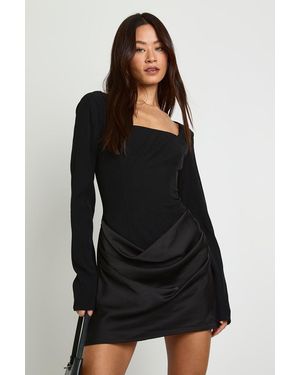 Boohoo Tall Satin Drape Long Sleeve Mini Dress - Black