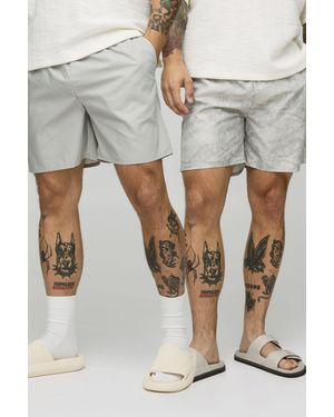 BoohooMAN 2 Pack Camo And Plain Mid Length Swim Short - Grey