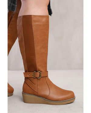 Where's That From Wheres 'Ayleen' Wide Calf Wedge Heel Knee High Boots With Elastic Panel - Brown