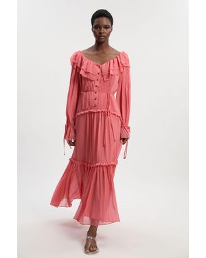 Karen Millen Georgette Ruffle Woven Maxi Dress - Red