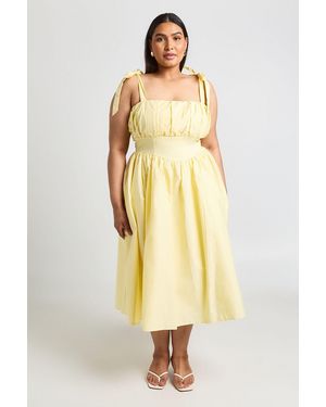 Boohoo Plus Cotton Ruched Bust Shoulder Tie Midi Dress - Yellow