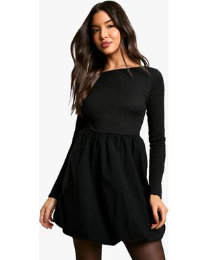 Boohoo Texture Long Sleeve Volume Skirt Mini Dress - Black