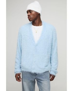 BoohooMAN Oversized Fit Extreme Fluffy Knitted Cardigan - Blue