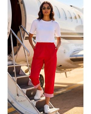 Roman Contrast Detail Cropped Stretch Trousers - Red