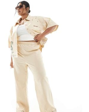 Renee Studio Plus Exclusive Wide Leg Linen Blend Trouser With Embroidered Trim Detail Co-Ord - Natural