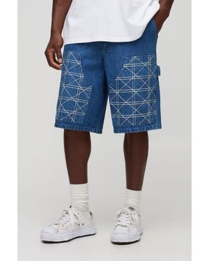 BoohooMAN Regular Fit Carpenter Contrast Stitch Denim Jorts - Blue