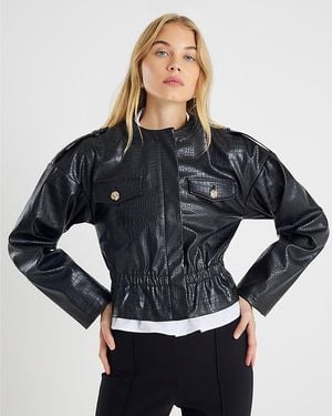 River Island Jacket Faux Leather Croc Print Peplum - Blue