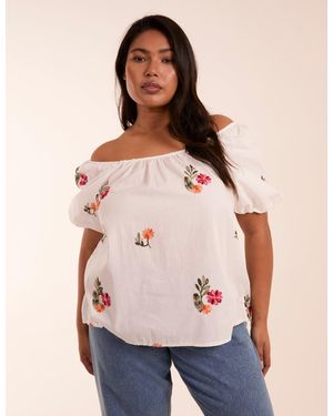 Blue Vanilla Curve Milkmaid Flower Embroidered Top - Pink