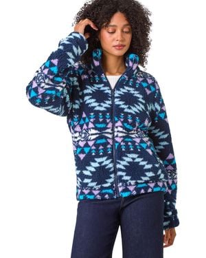 Roman Nordic Print Funnel Fleece Jacket - Blue