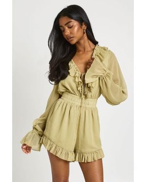Boohoo Ruffle Detail Textured Chiffon Playsuit - Green