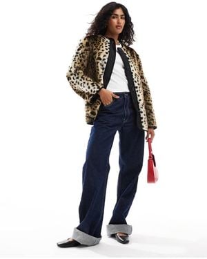 ASOS Leopard Print Faux Fur Collarless Jacket - Blue