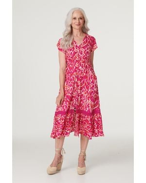 Izabel London Printed V-Neck Tiered Midi Dress Viscose - Pink