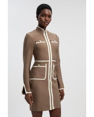 Karen Millen Figure Form Bandage Knit Piping Detail Military Mini Dress - Natural