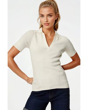 Secret Label Ribbed Collared Short Sleeved Top - White