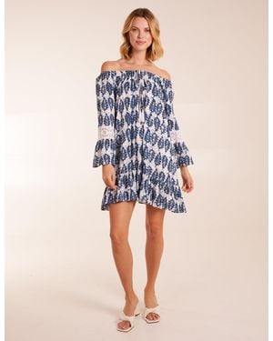 Blue Vanilla Leaf Print Scoop Neck Dress - Blue