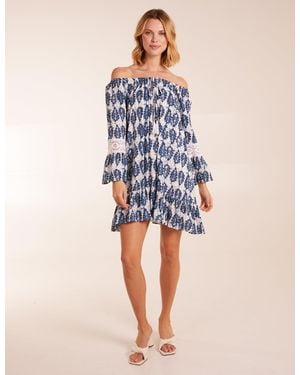 Blue Vanilla Leaf Print Scoop Neck Dress - Blue