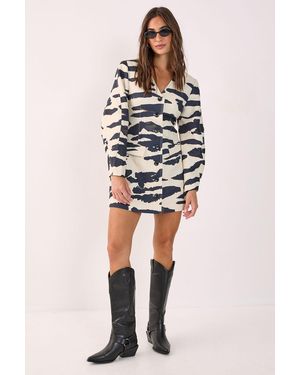 Nasty Gal Tiger Plunge Cocoon Sleeve Tailored Mini Dress - Natural