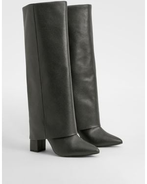 Boohoo Textured Fold Over Block Knee High Boots - Black