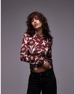 TOPSHOP Microfibre All Over Floral Long Sleeve Top - Red