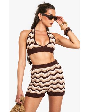 Boohoo Crochet Stripe Short - Brown