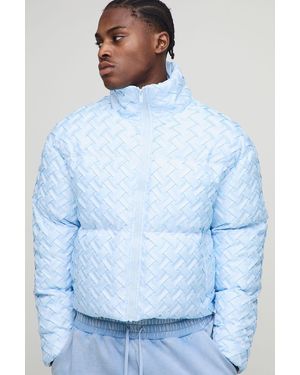 BoohooMAN Boxy Fit Woven Textured Funnel Neck Puffer Jacket - Blue