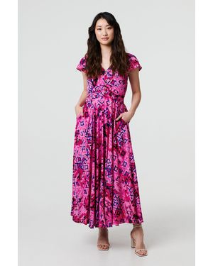Izabel London Abstract Ruched Waist Cap Sleeve Maxi Dress - Pink