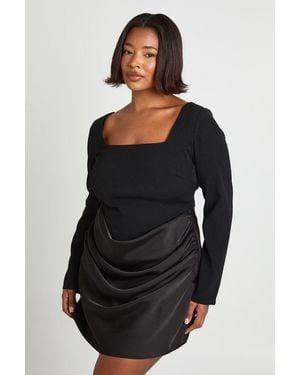 Boohoo Plus Satin Drape Long Sleeve Mini Dress - Black