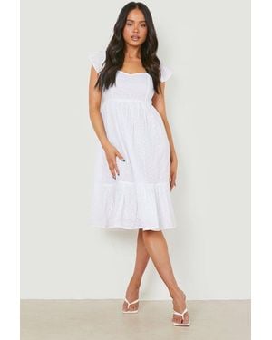 Boohoo Petite Broderie Puff Sleeve Bardot Midi Dress - White