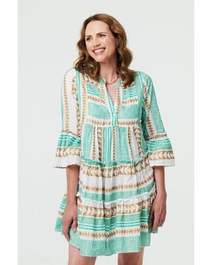 Izabel London Printed 3/4 Sleeve Tiered Mini Dress - Green