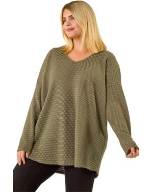 Roman Curve Textured V-Neck Stretch Top - Green