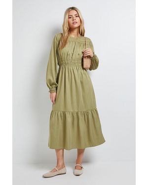 Dorothy Perkins Shirred Bodice Tiered Stripe Midi Dress - Green